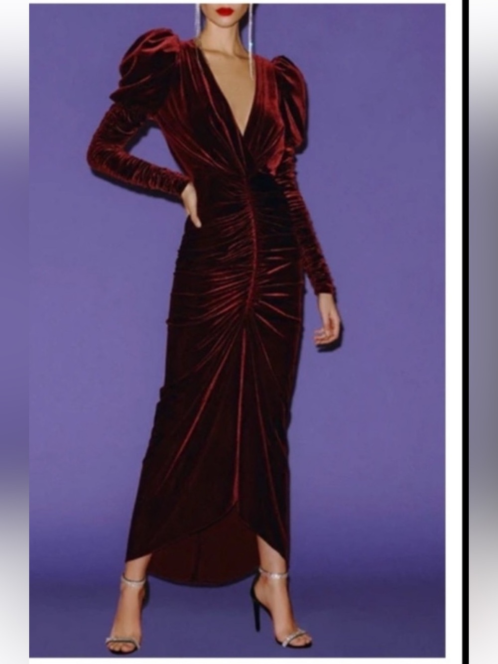Anthropologie Ronny Kobo Alicia Velvet Ruched Long Sleeve Puff Sleeve Gown S